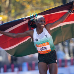 Hellen Obiri celebrates winning first place in the women's elite division of the New York City Marathon, Sunday, Nov. 2, 2025, in New York. (AP Photo/Angelina Katsanis)