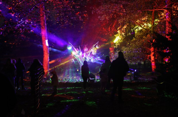 Disco balls shimmer from spotlights at an installation in the...