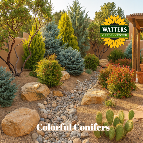 "Colorful Conifers", with plants surrounding a dry creek bed in backyard 