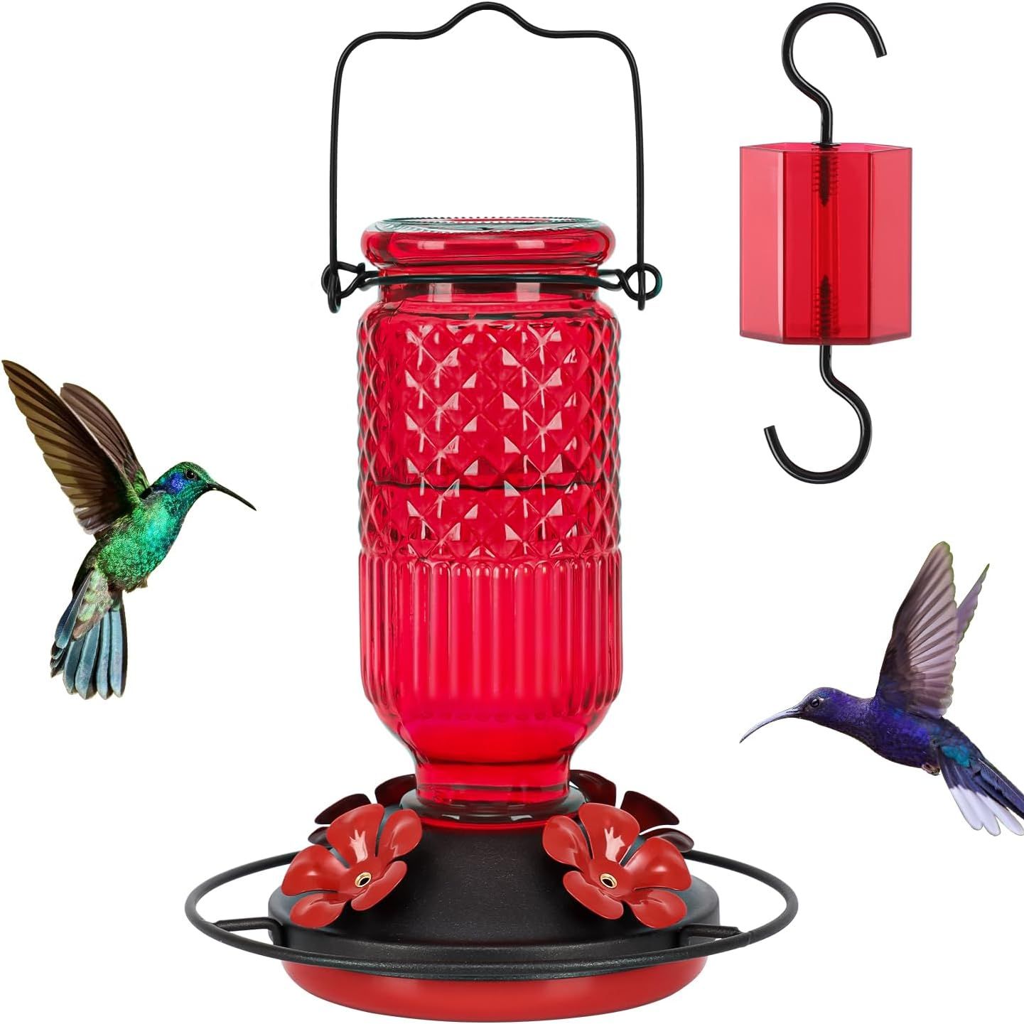 Feed Garden Glass Hummingbird Feeder for Outdoors Hanging, 16 Oz Humming Birds Feeders With 4 Bee Guard Feeding Ports &amp; Built-In Ant Moat, Bird Feeder for Outside, Gifts for Women Mom, Red