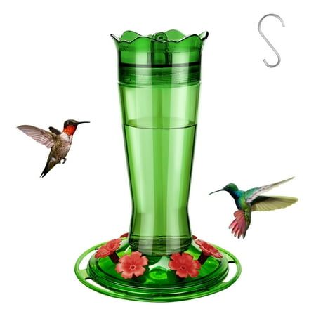 Kingsyard Glass Hummingbird Feeder for Outdoors Hanging - 6 Bee Guard Feeding Ports &amp; Built-In Ant Moat, Wild Bird Feeder for Outside Garden Yard Patio 14 Oz, Green