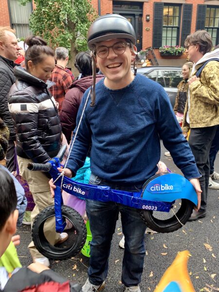 Councilmember Lincoln Restler, a well-known proponent of bike lanes, comes dressed as a Citi Bike. Photo: Mary Frost, Brooklyn Eagle