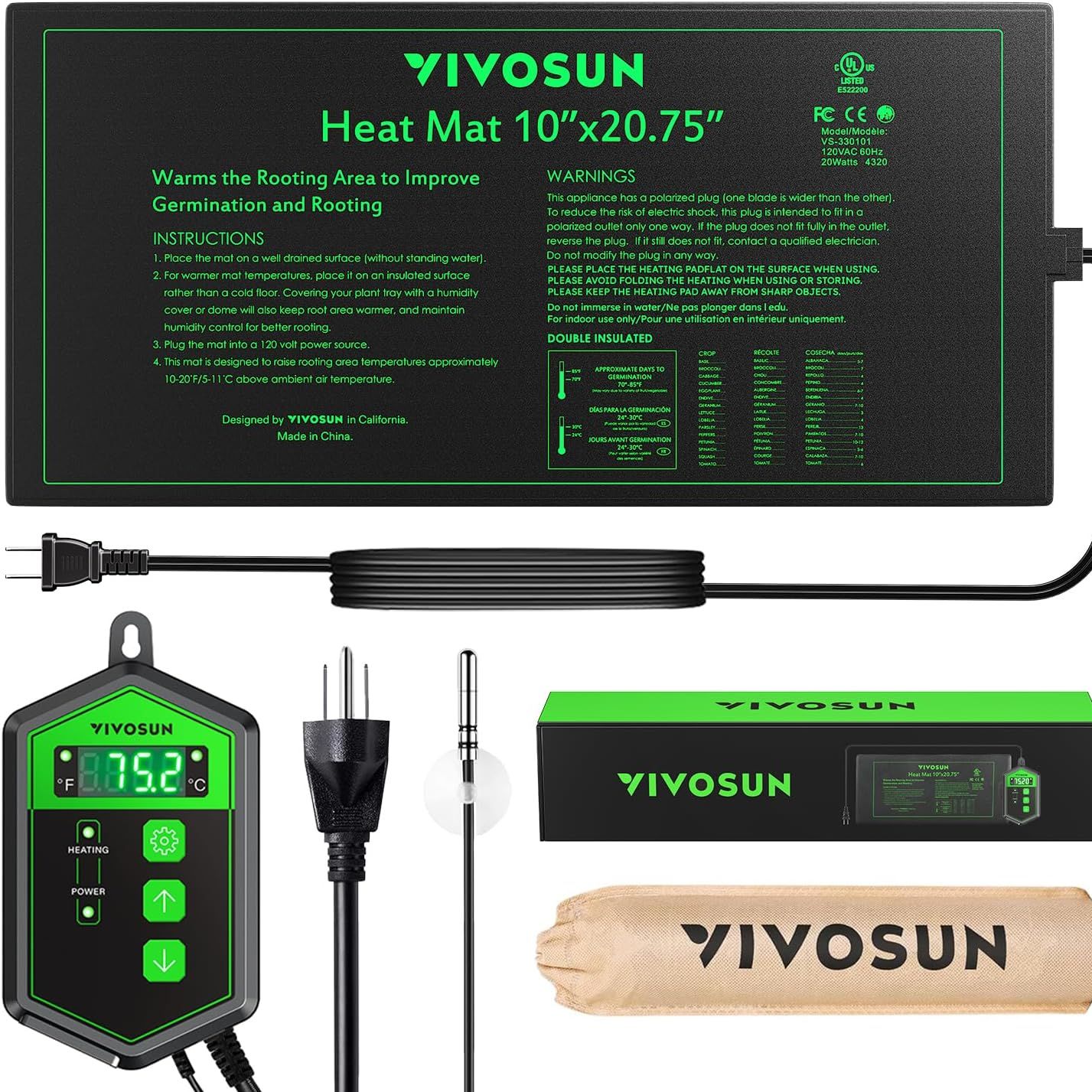 Vivosun 10"x 20.75" Seedling Heat Mat and Digital Thermostat Combo Set, Ul &amp; Met-Certified Warm Hydroponic Heating Pad for Germination, Indoor Gardening, Greenhouse