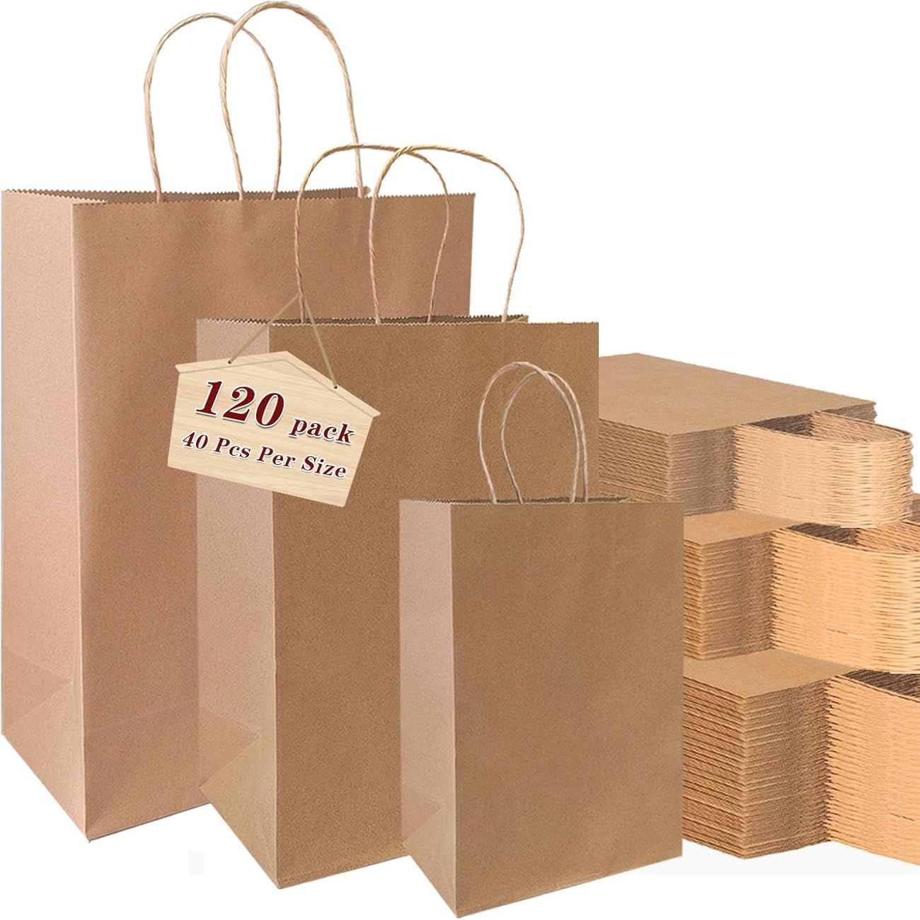 Vanhel 120 Pack Kraft Paper Bags With Handles,assorted Sizes Gift Bags Bulk Kraft Paper Bags, Weeding,birthday, Favor,party,retail Merchandise Bags&hellip;, Brown