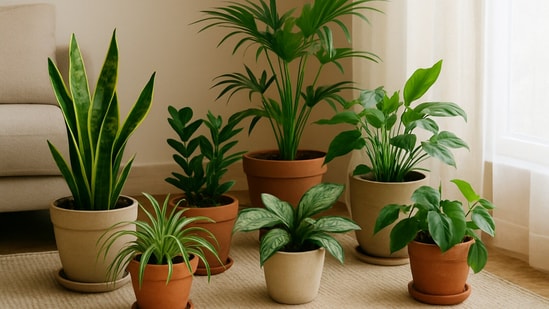 Soft green indoor plants arranged in a cosy corner, bringing cleaner air, gentle colour and a fresh mood to a low-light Indian home.(Ai Generated)