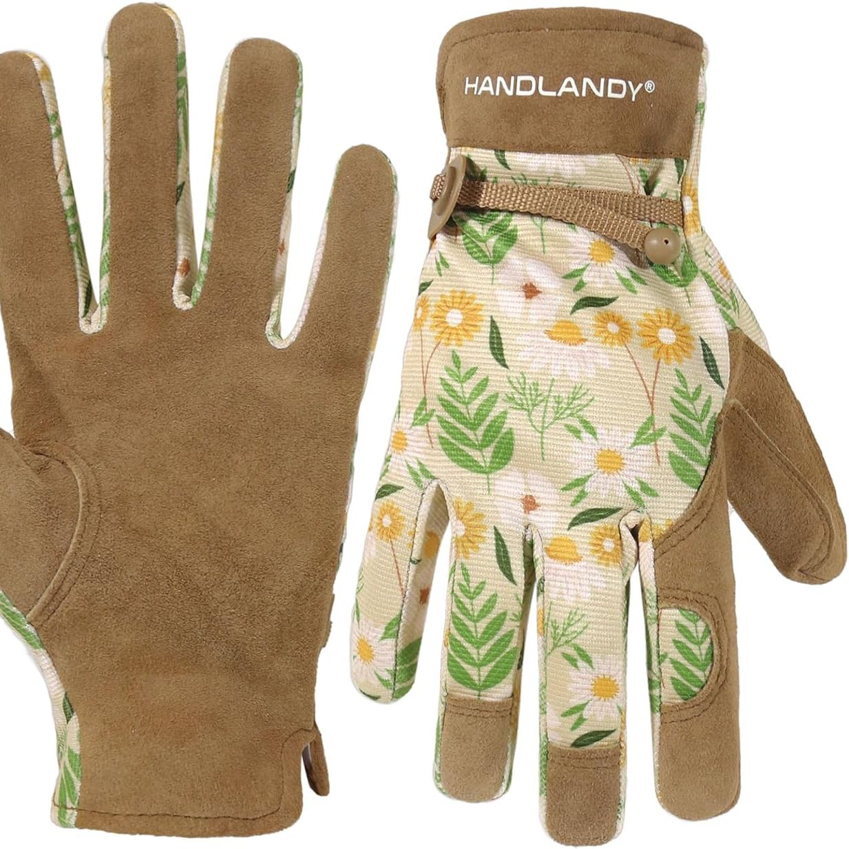 Handlandy Gardening Gloves for Women, Breathable Ladies Leather Garden Yard Gloves Best Gift for Gardeners (khaki-Printing, Medium (pack of 1))