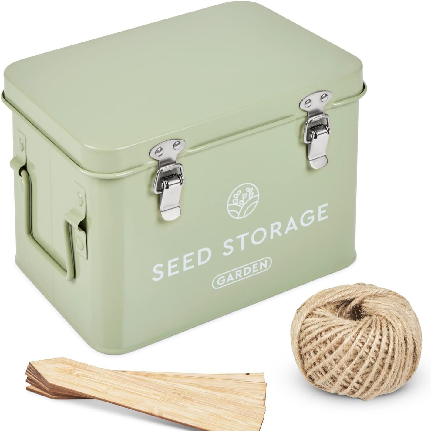 Seed Storage Box &ndash; Metal Seed Packet Organizer With Garden String and Bamboo Plant Labels. Seed Container Storage Delivering Complete Seed Saving Organization for Every Garden Lover.