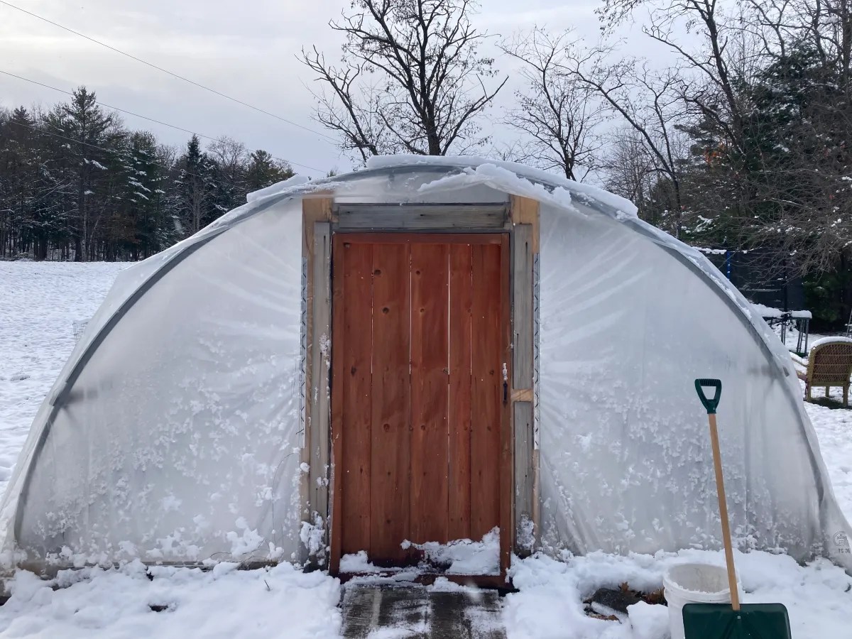 Front of a hoop house in winter with wooden door and shovel next to door