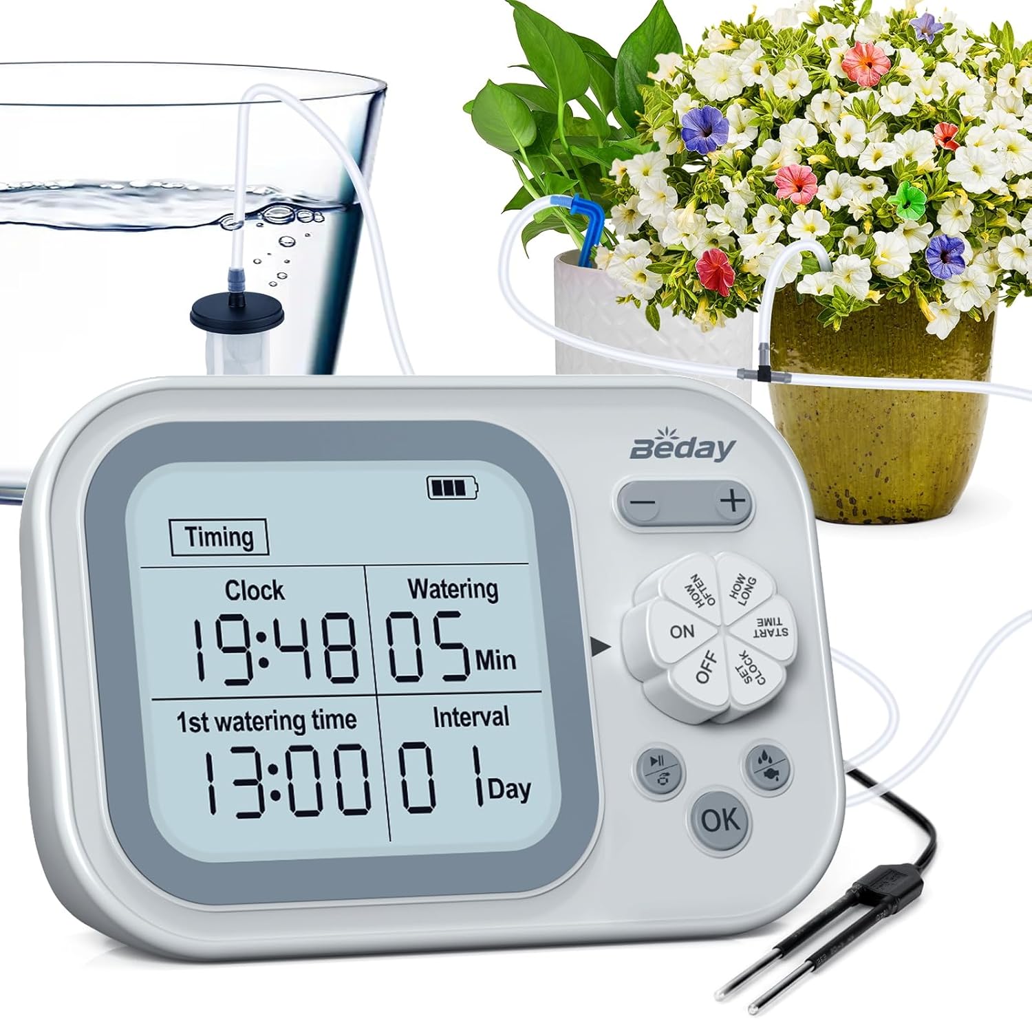 Beday Automatic Indoor Potted Plant Drip Irrigation Kit, Programmable Water Timer With Smart Humidity Detection, Plastic &amp; Rubber, Style: Drip, Ideal for Up to 15 Pots