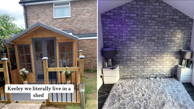 A photo of a wooden garden shed with a small veranda in front of a brick house, next to a photo of a small room with a grey rug, fake brick wallpapaer and two bedside tables with grey lamps.