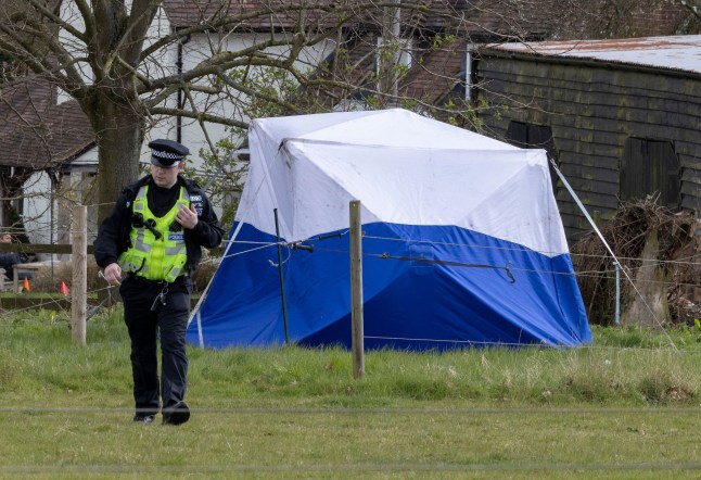 Mandatory Credit: Photo by Peter MacDiarmid/Shutterstock (12884966i) Police guard a cordon by a tent as a search team digs in an area of Stocking Farm, formerly known as Rooks Farm, in Stocking Pelham, Hertfordshire. Officers are conducting a search of farmland in the hunt for the remains of Muriel McKay who disappeared after being kidnapped in 1969. Mrs McKay was the wife of Alick McKay, a deputy to newspaper proprietor Rupert Murdoch. She was kidnapped, in a case of mistaken identity, by brothers Arthur and Nizamodeen Hosein who believed they were kidnapping the wife of Rupert Murdoch. The pair were convicted of the crimes of murder and kidnapping in September 1970. Her body was never found, but in 2021 it was reported that Nizamodeen had told a lawyer that Mrs McKay died of a heart attack shortly after the kidnap and provided details of the location of the body at Rooks Farm - now known as Stocking Farm. Search for remains of Muriel McKay, Stocking Pelham, Hertfordshire, UK - 02 Apr 2022