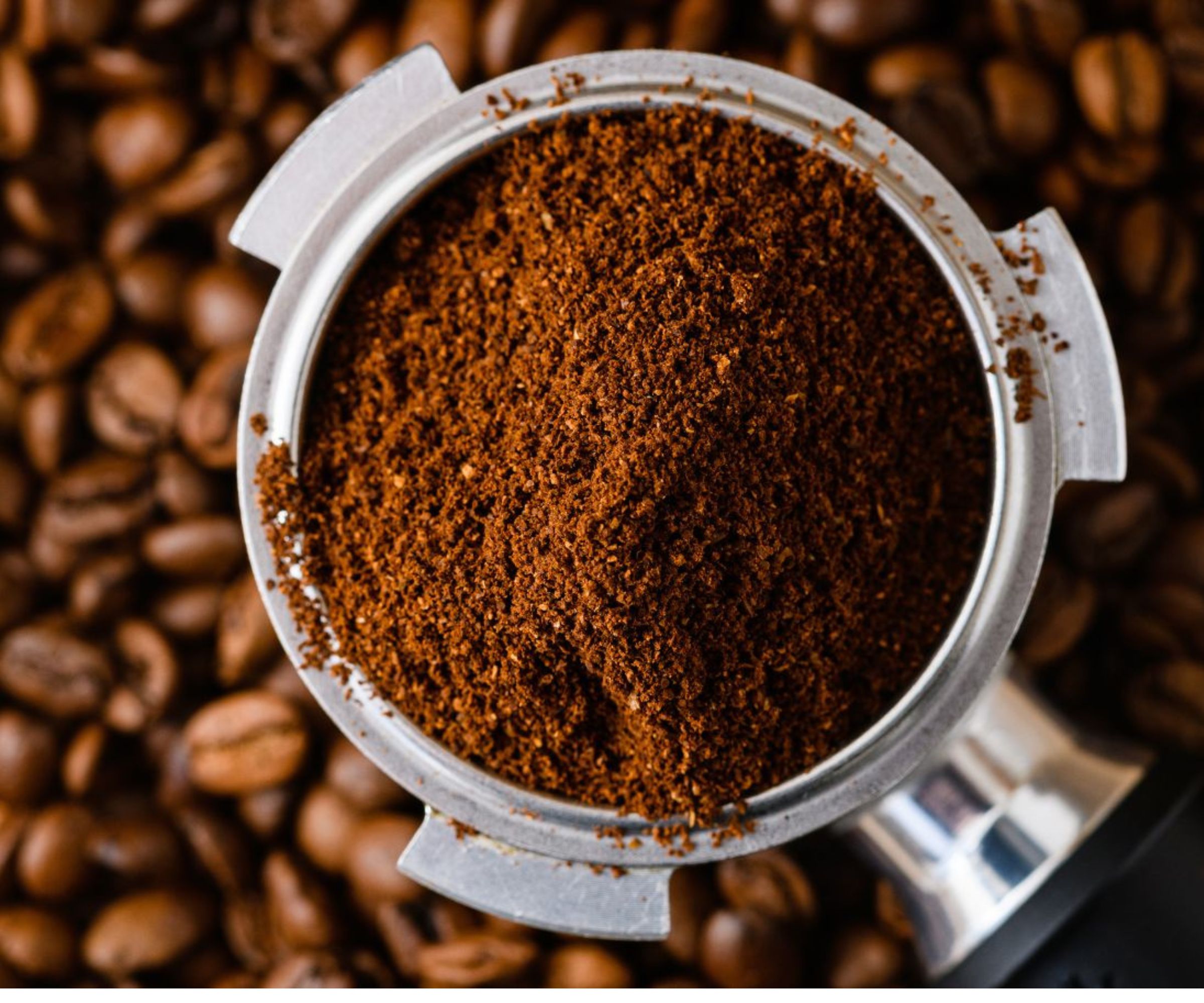 coffee grounds in a portafilter on top of coffee beans