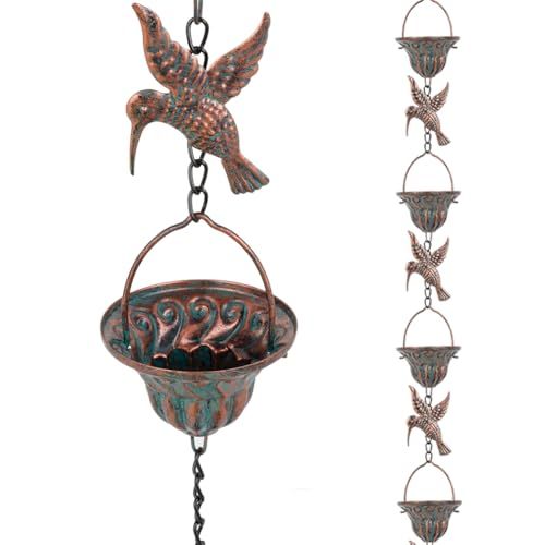 Qipade Rain Chain for Gutters, 8.7 Ft Rain Chains With 12 Cups &amp; Detachable Hummingbird Decor, Adjustable Rain Catcher Chain With Bell for Eaves Drainage, Replacement for Downspout