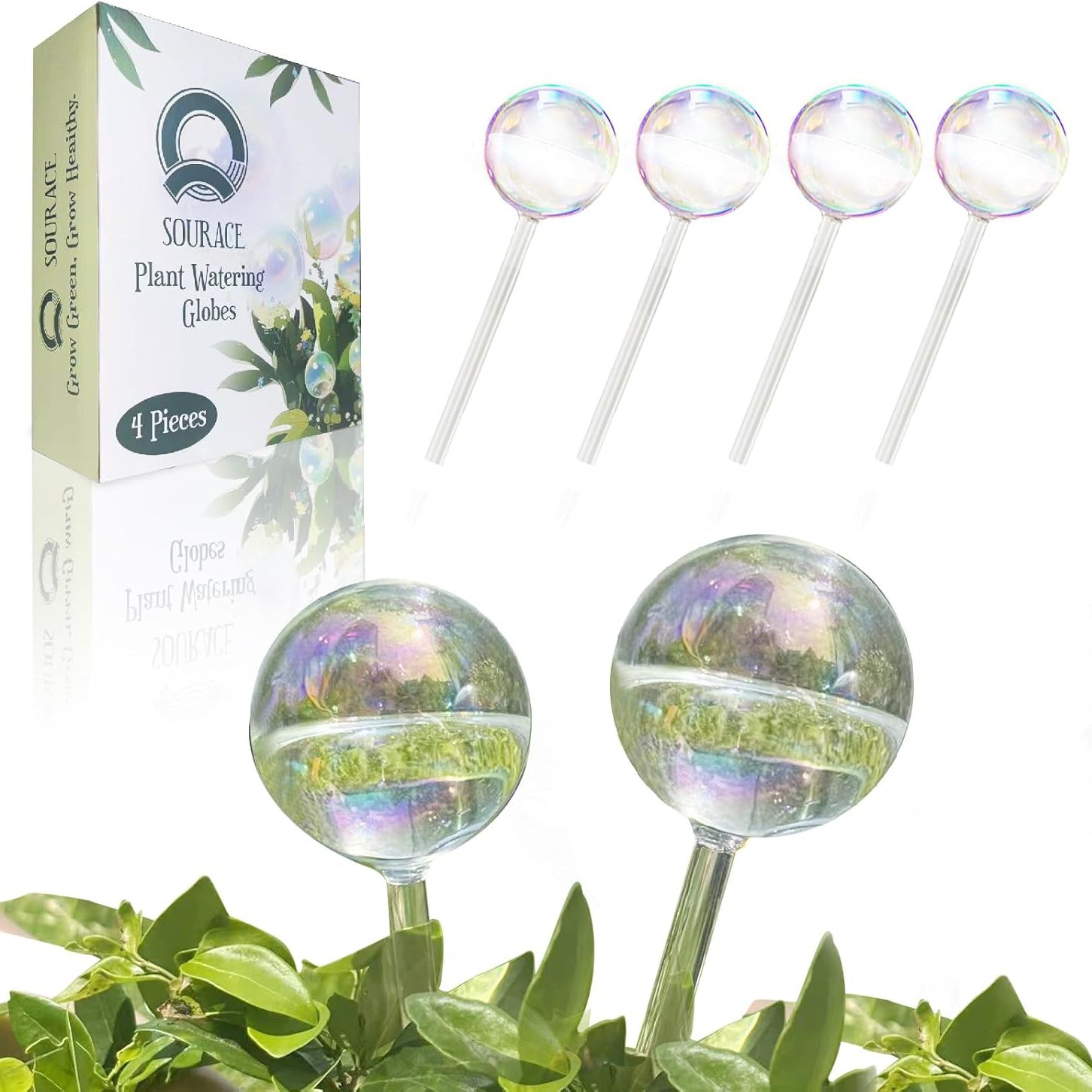 Sourace 4pc Iridescent Self Watering Globes, Large Glass Rainbow Plant Watering Globes, Self Watering Planter Insert for Indoor and Outdoor, Plant Watering Blubs, Automatic Plant Waterer