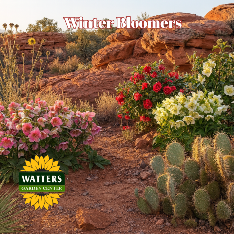 "Winter Bloomers" with colorful red, white, and pink flowers blooming near cactie