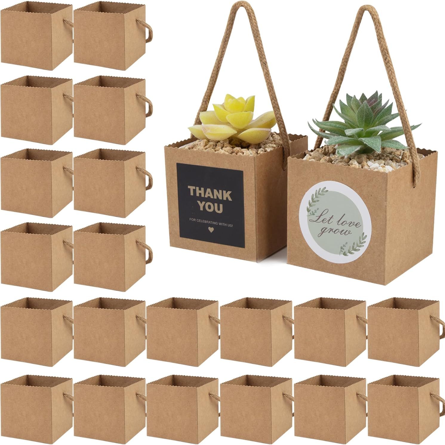 Temlum 2.5 Inch Succulent Wrap Bags (fits 2.5&Prime; Pots) With Thank You &amp; Let Love Grow Stickers, Small Gift Box for Wedding, Baby Shower, Succulent Party Favors for Guests (brown 40pcs)