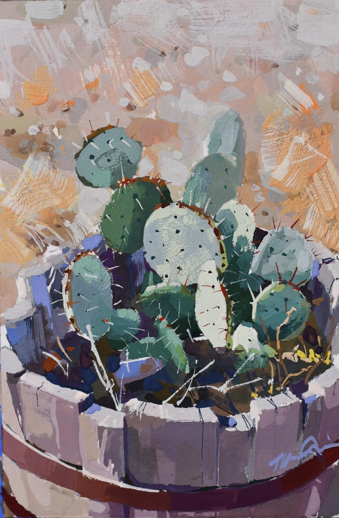 Desert Cactus in a Wooden Barrel.
