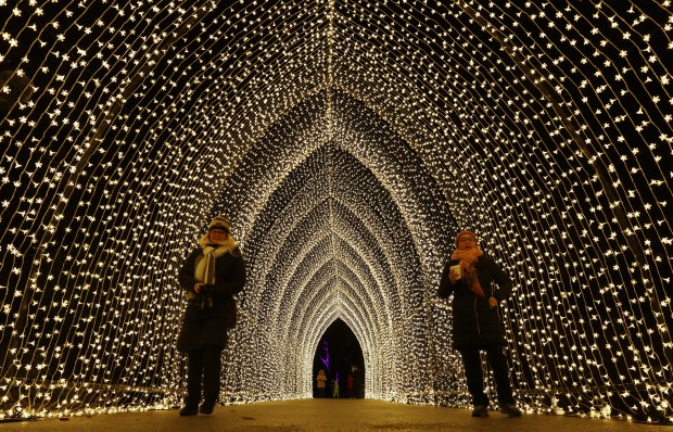 Visitors walk through a light installation titled "Winter Cathedral," at Lightscape at the Chicago Botanic Garden in 2022, in Glencoe. (John J. Kim/Chicago Tribune)