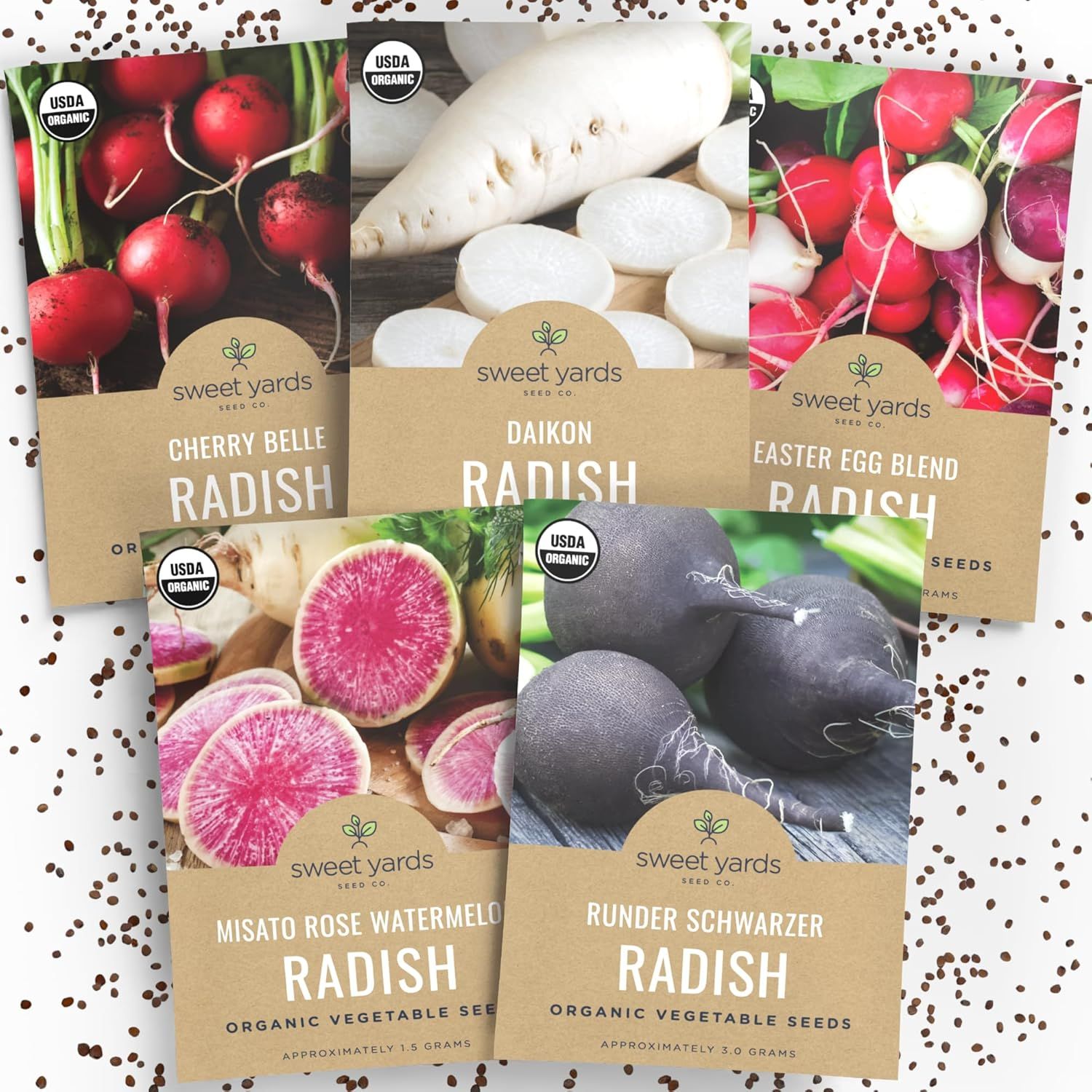 Organic Radish Seeds Variety Pack - 5 Individual Packs - 2025 Season - Cherry Belle, Easter Egg, Misato Rose and More! for Indoor &amp; Outdoor Planting (non-Gmo, Certified Organic)