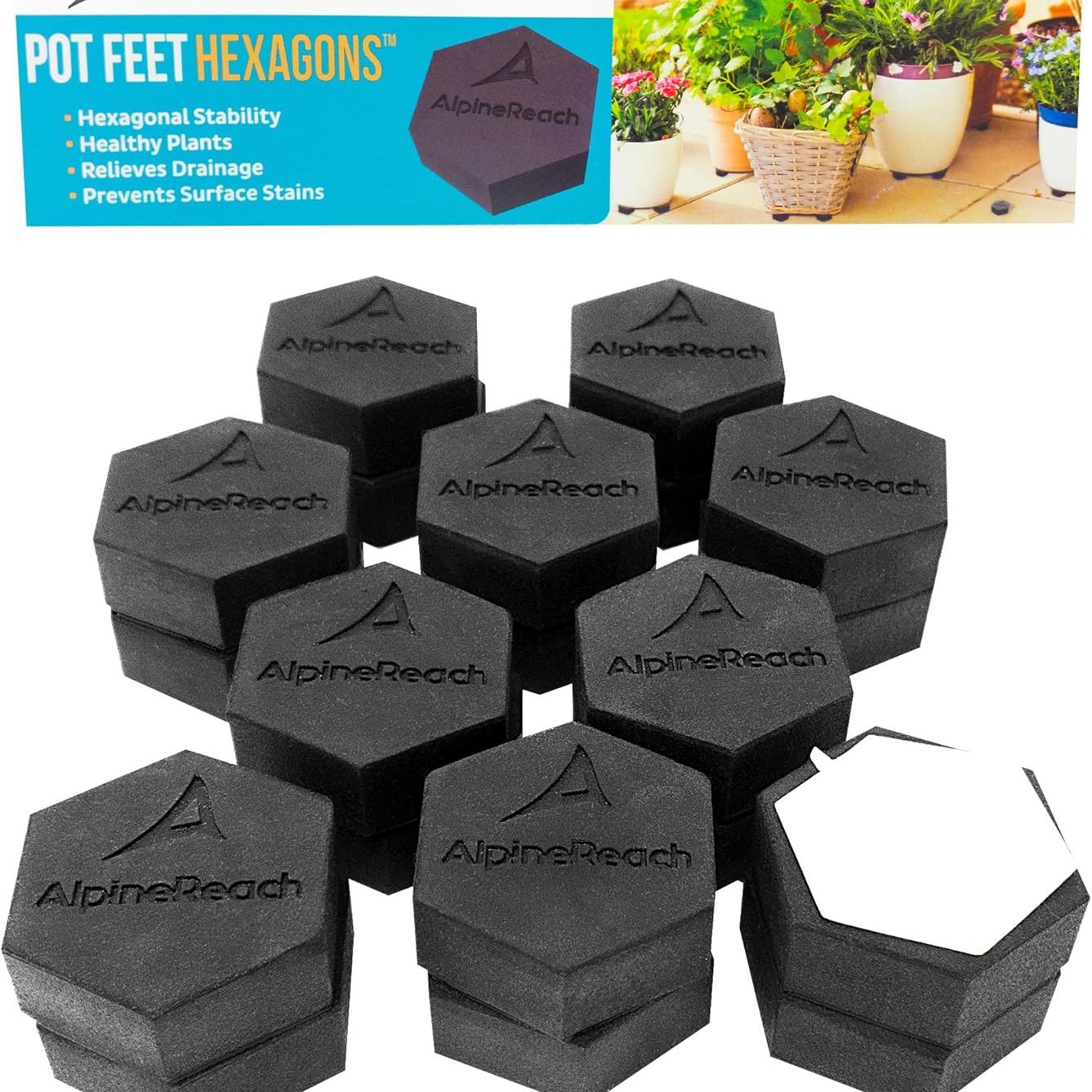 Alpinereach Extra Heavy Duty Pot Feet Risers 20 Pack Hexagons &amp; Adhesive Pads - Protect Healthy Plants - Strong Invisible Supports Small Large Flower Planters Stability - Outdoor Lifter Toes Elevator
