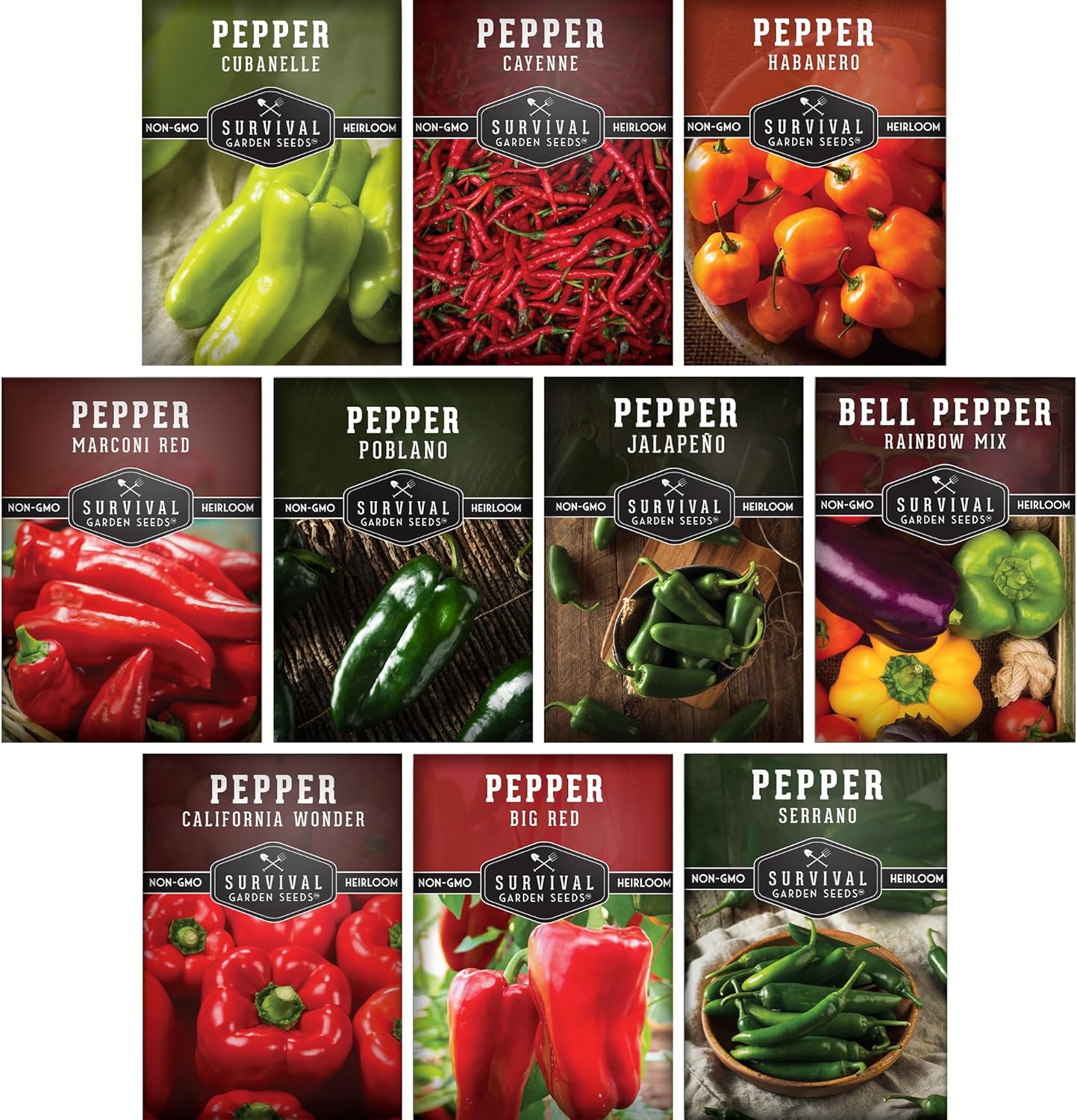10 Pepper Seed Packs for Planting | Jalape&ntilde;o, Serrano, Cayenne, Bell, Habanero, Poblano &amp; More &ndash; Hot &amp; Sweet Heirloom Non-Gmo Peppers Collection &ndash; Survival Garden Seeds