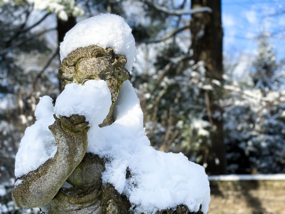 fresh snow pile on stone statue