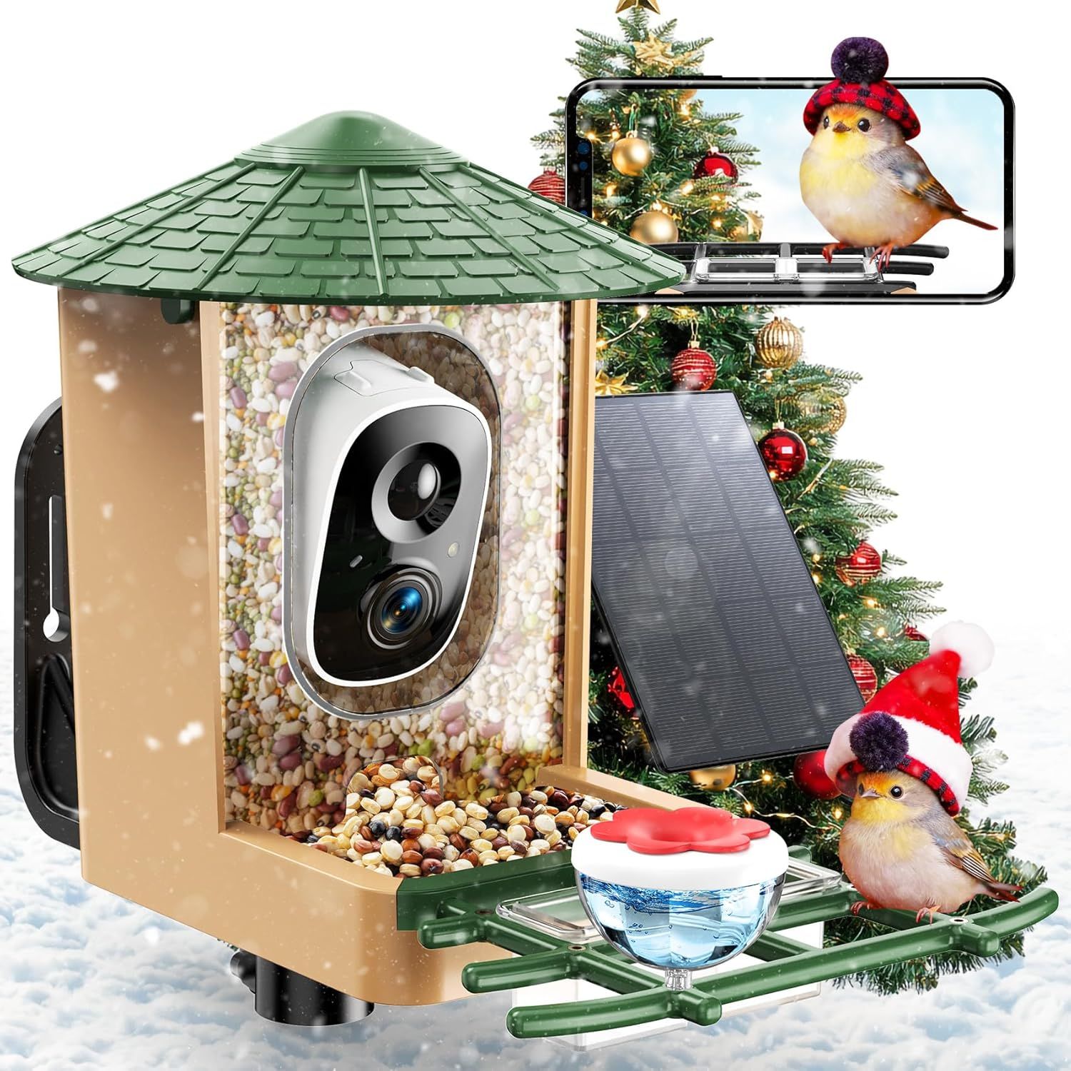 Smart Bird Feeder With Camera With Ai Identify Birds Species &amp; Solar Panel, Wifi Birdfeeder With Cam, 2k Live View, Chew-Proof &amp; Waterproof Design, Real-Time App Alerts, Gift for Bird Lovers, Green