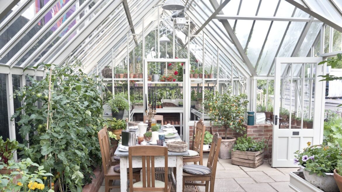 A Wayfair portable mini greenhouse is a fall essential A large glasshouse full of plants, shelving, and a table and chairs