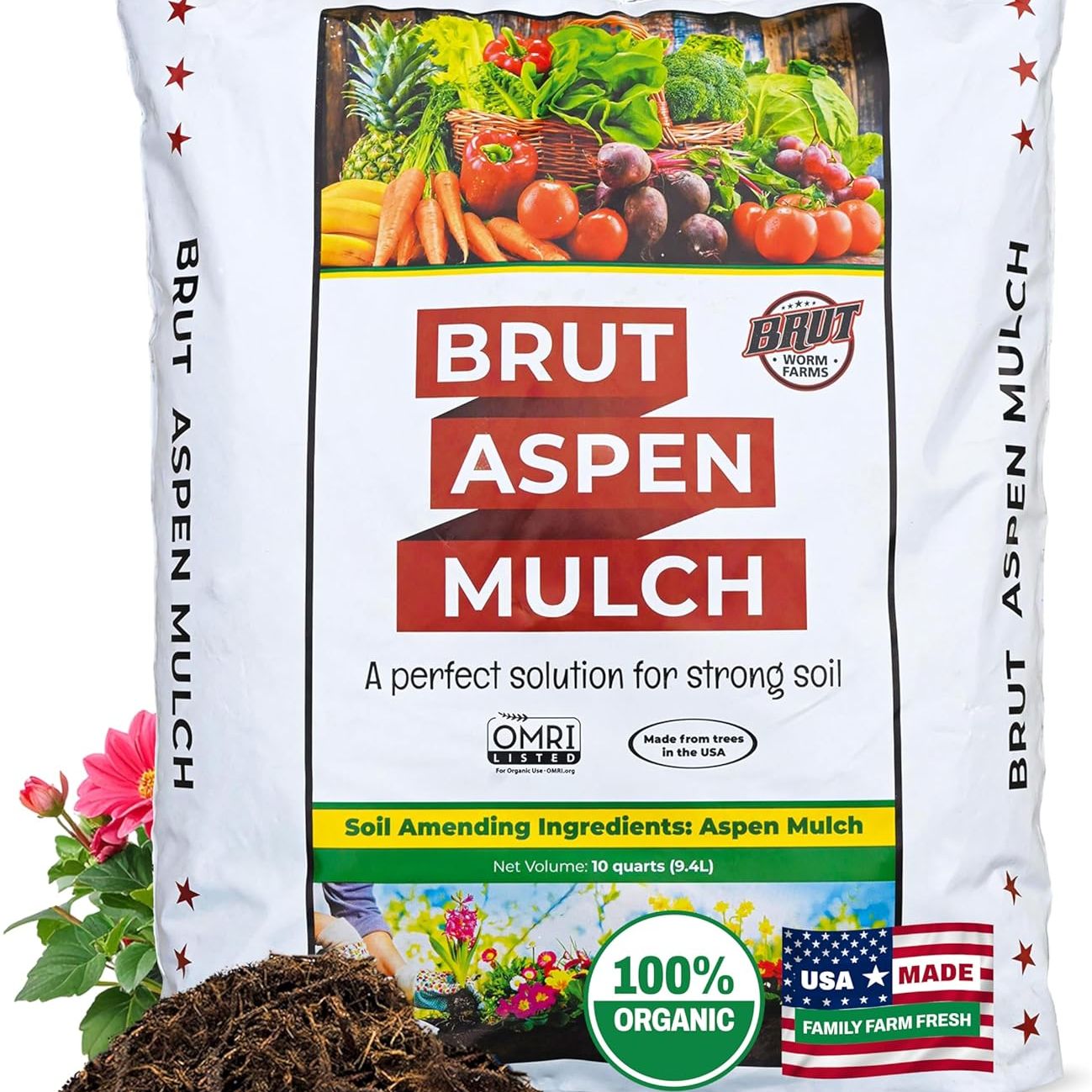Brut Organic Aspen Mulch &ndash; 10 Quarts, Natural Moisture Retainer &amp; Root Protector &ndash; Odor-Free, Nutrient-Rich Bark Mulch for Landscaping, Garden Beds &amp; Potted Plants