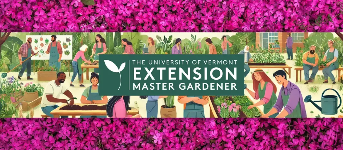 Register Now for 2026 UVM Gardening Course extension master gardener logo, on top of a cartoon scene of people gardening