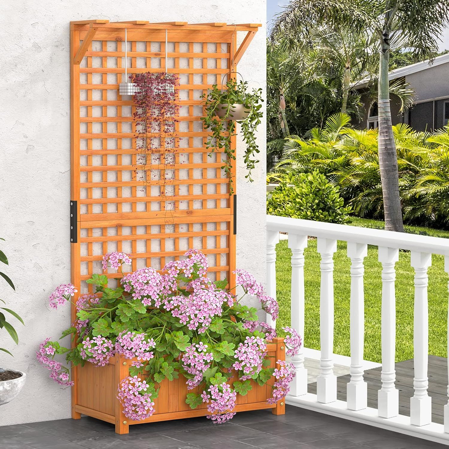 S Afstar Raised Garden Bed With Trellis, Wood Elevated Planter Box With Hanging Roof &amp; Climbing Trellis, 4 Drainage Holes, 72.5" Tall Freestanding Planter Container for Vine Climbing Plants Flowers