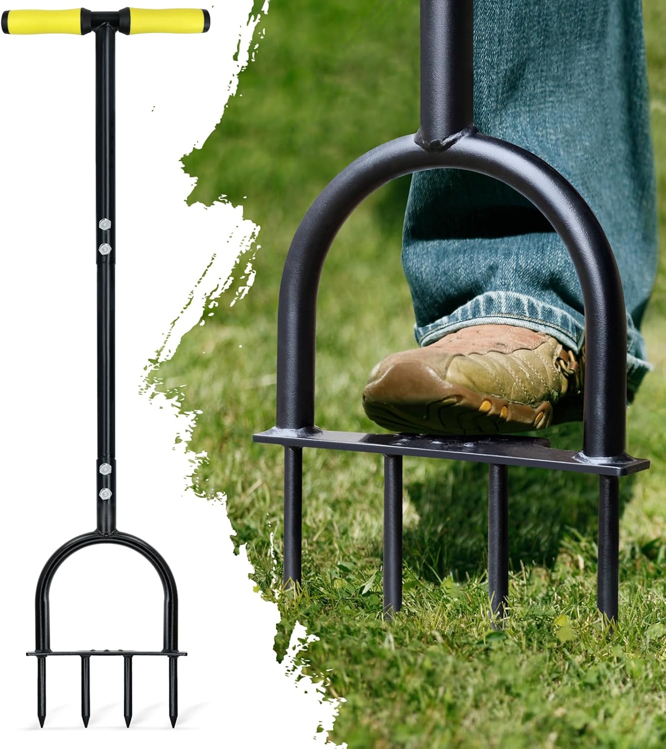 Colwelt Lawn Spike Aerator, Gardening Lawn Aerator for Compacted Soils and Lawns, Non-Slip T-Handle Grass Spike Aeration With Four 9cm Solid Steel Spikes, 96cm