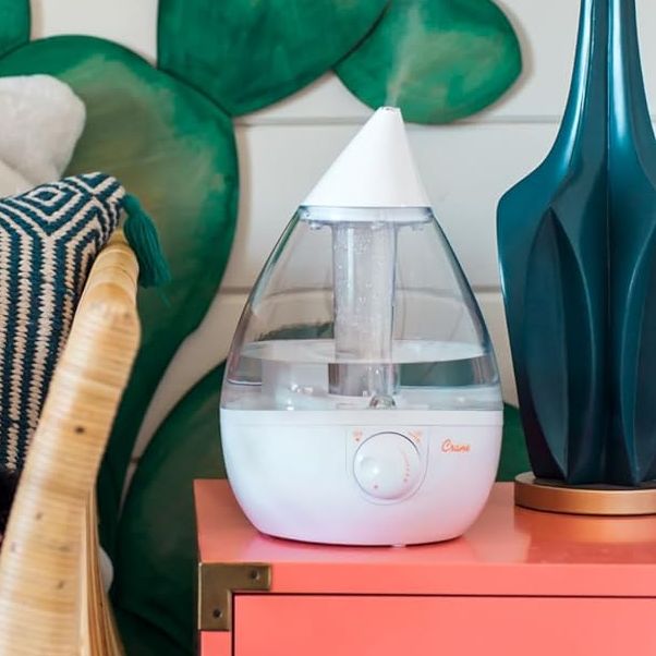 Crane White Teardrop Ultrasonic Cool Mist Humidifier, 1 Gallon Auto Shut-Off for Large Room, Baby Nursery, Bedroom Office, Clear &amp; White