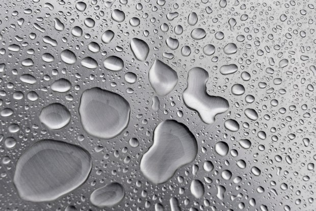 Water droplets collect on an aluminum table at Broadway Plaza in Walnut Creek, Calif., on Sunday, Feb. 3, 2019. Meteorologists with the National Weather Service, expect this storm to deliver 1 to 2 inches of rain across the Bay Area. This weekend's storms will boost rainfall totals across Northern California, which remain below average for this time of year. (Jose Carlos Fajardo/Bay Area News Group)