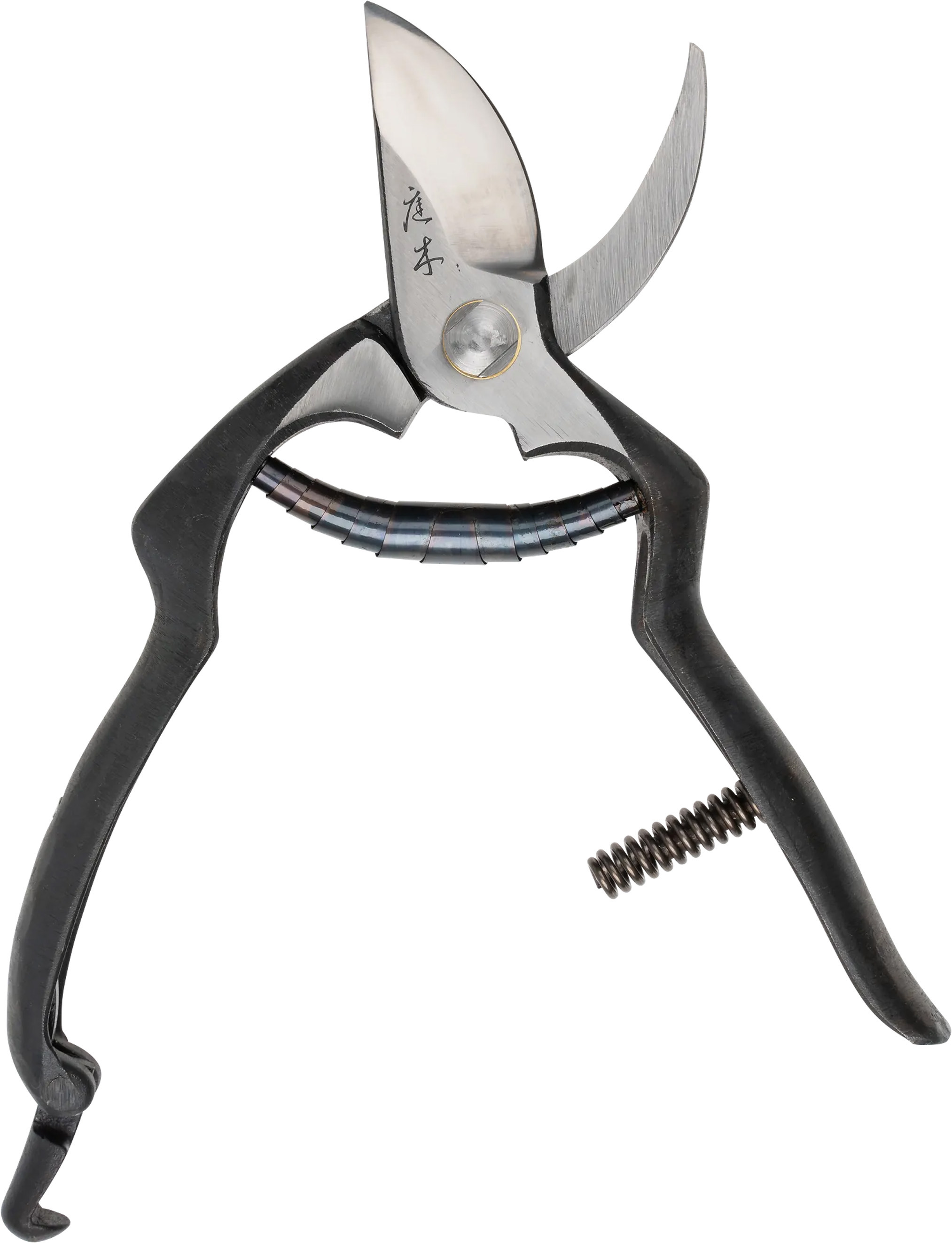 Niwaki secateurs with black handles and metal blades.