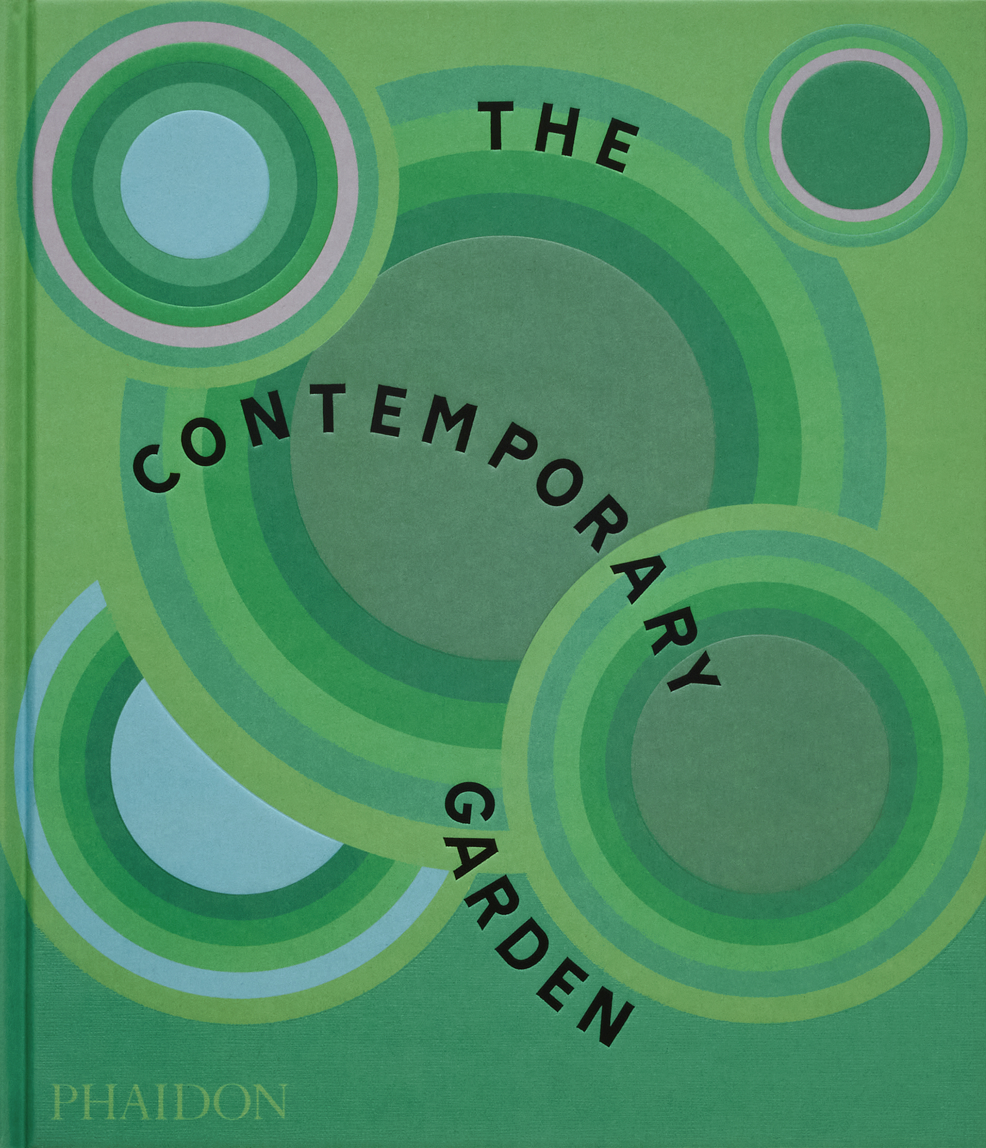 Book cover with concentric circles and arcs in shades of green and blue, with "THE CONTEMPORARY GARDEN" in black text.