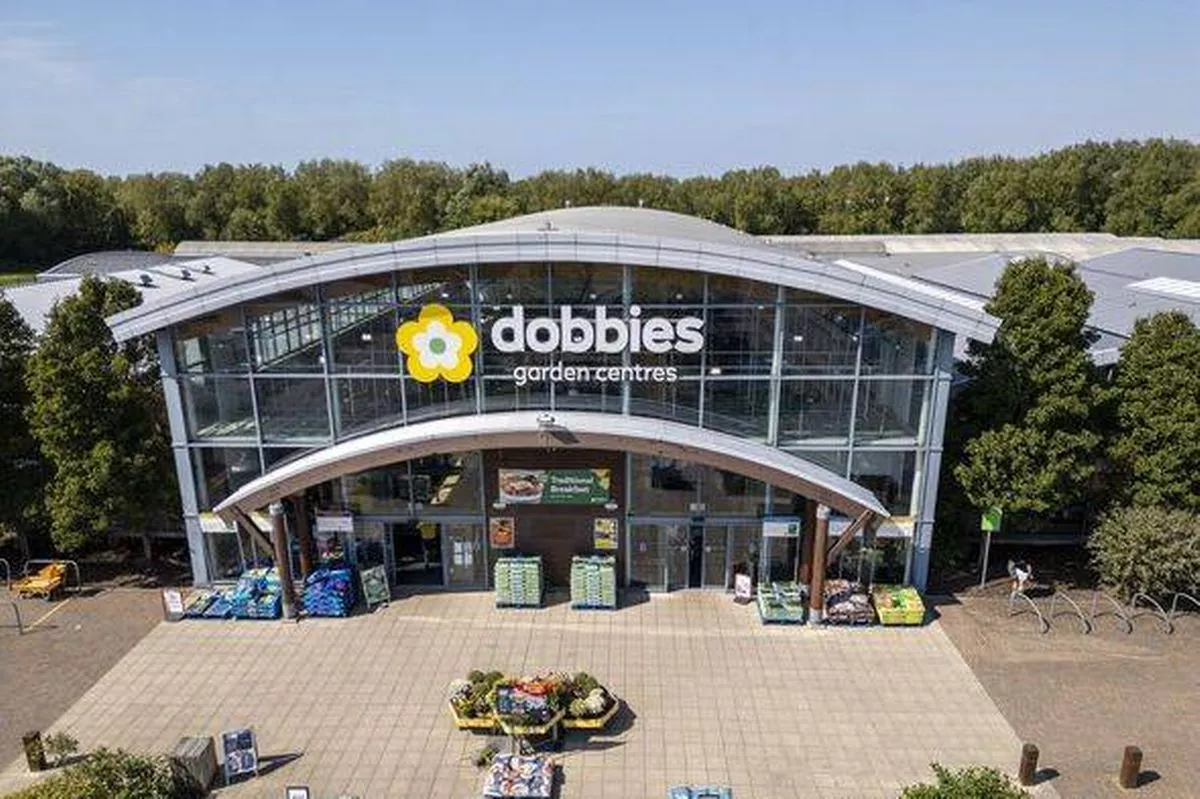 Aerial view of front entrance to Dobbies garden centre, Southport, Merseyside, England