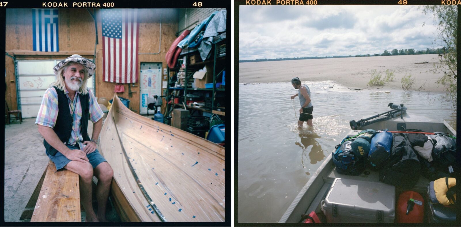 A man by a canoe; a man pulls a boat on a river