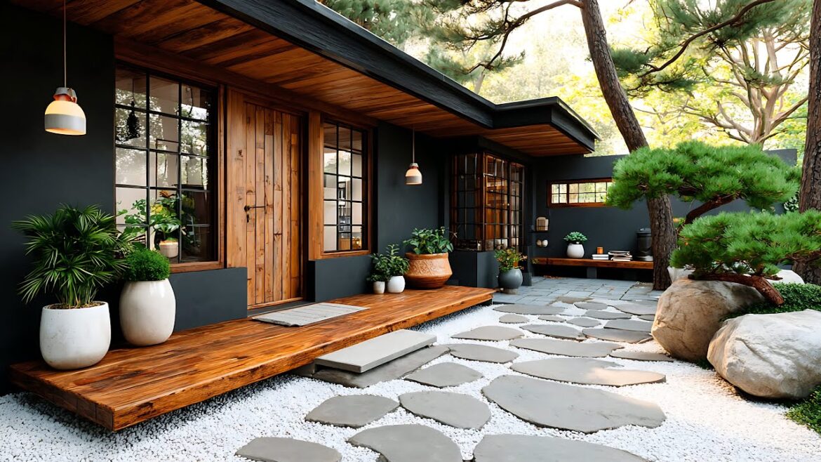 Tiny Modern Japanese House - Elegant Black Design with a Peaceful Asian Front Garden