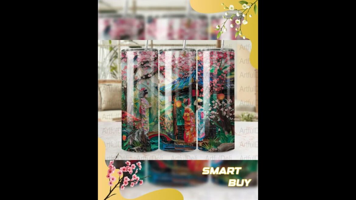 Geisha Art Tumbler Wrap: Japanese Garden Cherry Blossom Design (PNG)