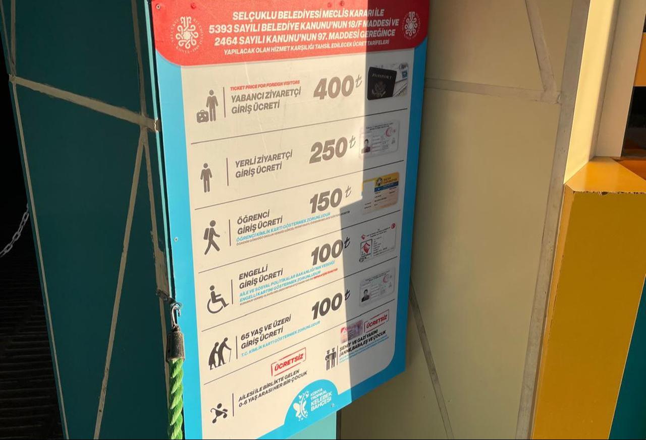 A view of the ticket price board at the entrance of the Konya Tropical Butterfly Garden, Konya, Türkiye, Dec. 17, 2025. (Photo by Koray Erdogan/Türkiye Today)