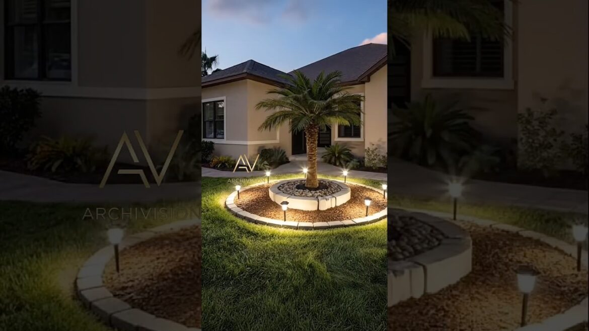 Absolutely stunning circular palm garden with white stones & solar lights 🤯 #landscaping #diygarden
