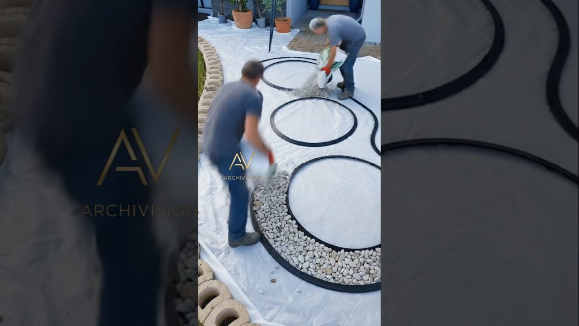 Absolutely stunning curved garden transformation with white stones & red mulch 🤯✨ #DIY #landscaping