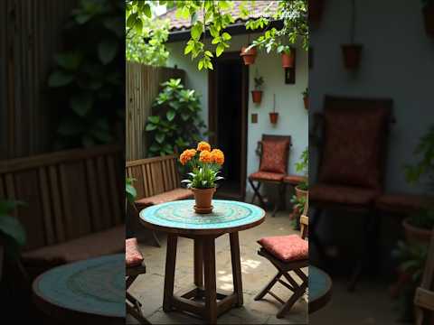 A vibrant, lush garden patio adorned with a rustic wooden table #shorts A vibrant, lush garden patio adorned with a rustic wooden table #shorts