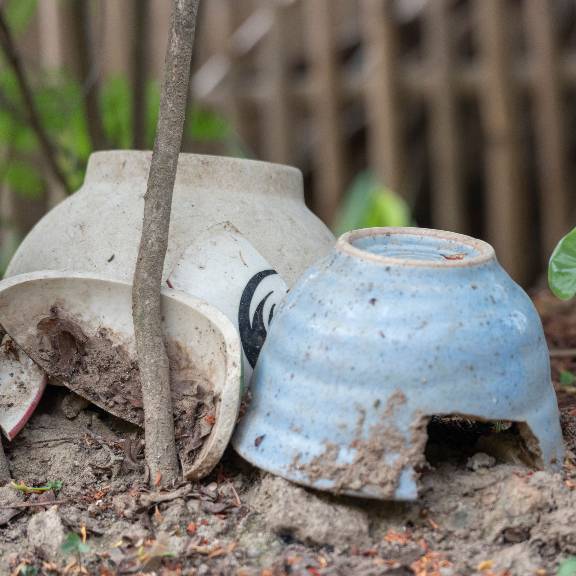 Upturned pots in garden