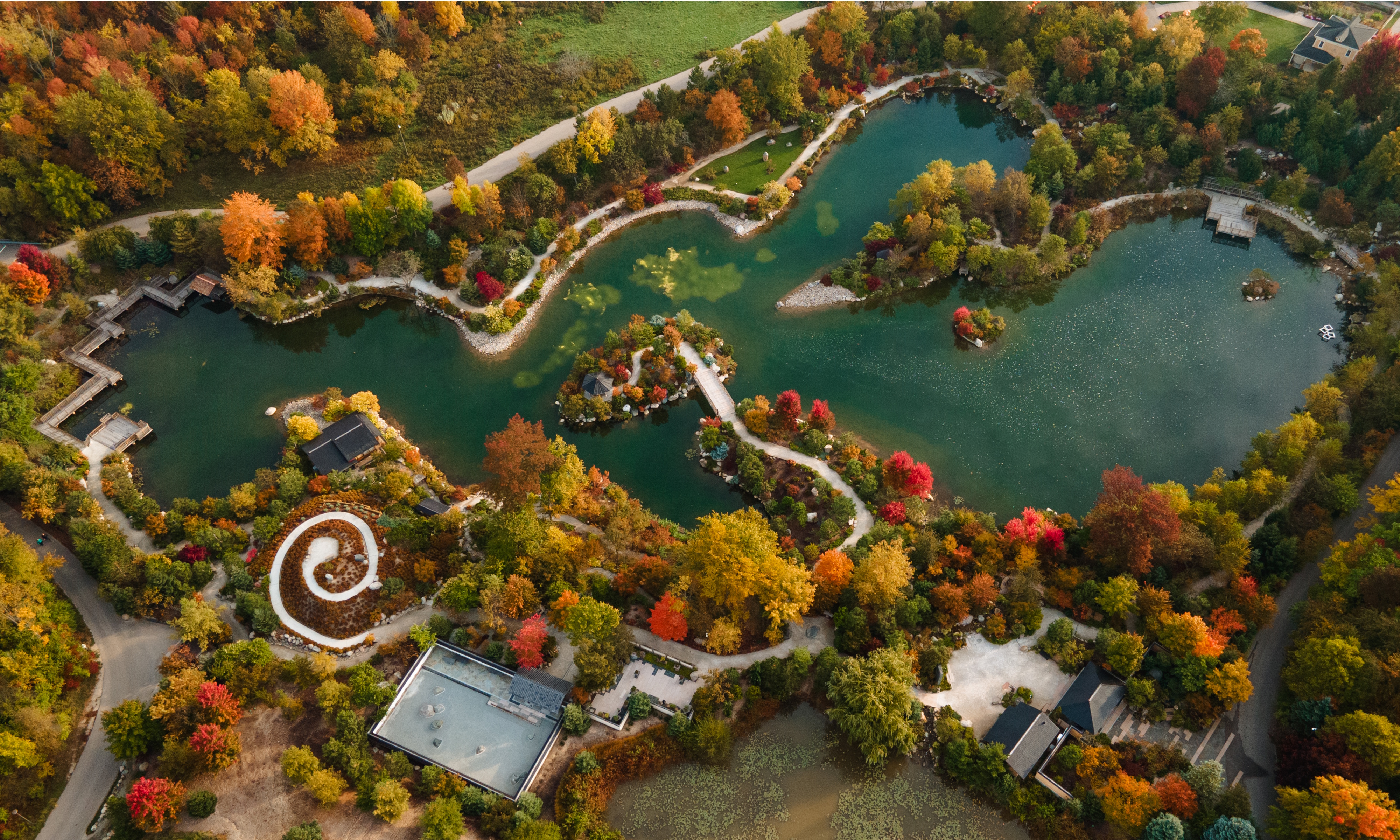 Meijer Japanese Garden aerial view of pond and garden in fall. Lots of trees for fall color, in oranges, yellows, and reds