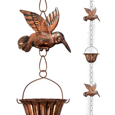 Innowarmer 8.8ft Rain Chains for Gutters Outside, Rain Catcher Chain With 6 Metal Cups &amp; Hummingbird Decor, Adjustable Hanging Rain Hutter Chain Downspout Substitute for Garden Drainage &amp; Eaves