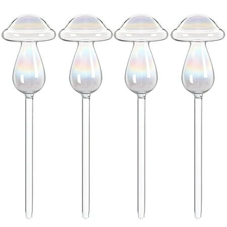 4 Pcs Mushroom Plant Watering Globes, Glass Self Watering Pots, Large Size With Iridescent Design, Automatic Planter Watering Globes for Indoor Plants, 2.7&times;9"