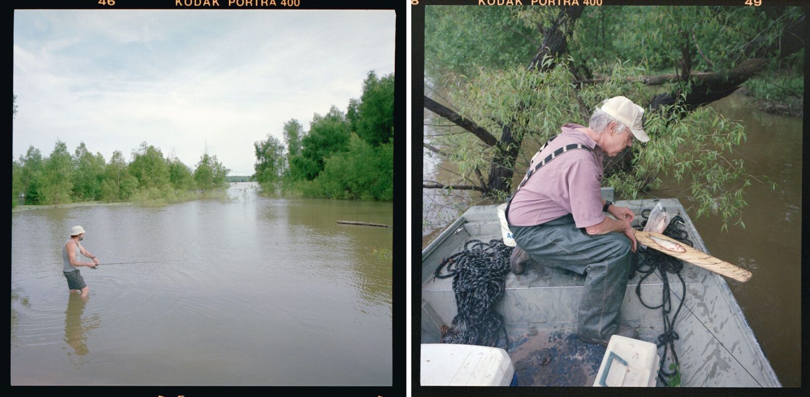 A man fishes in a river; a man cuts up a fish