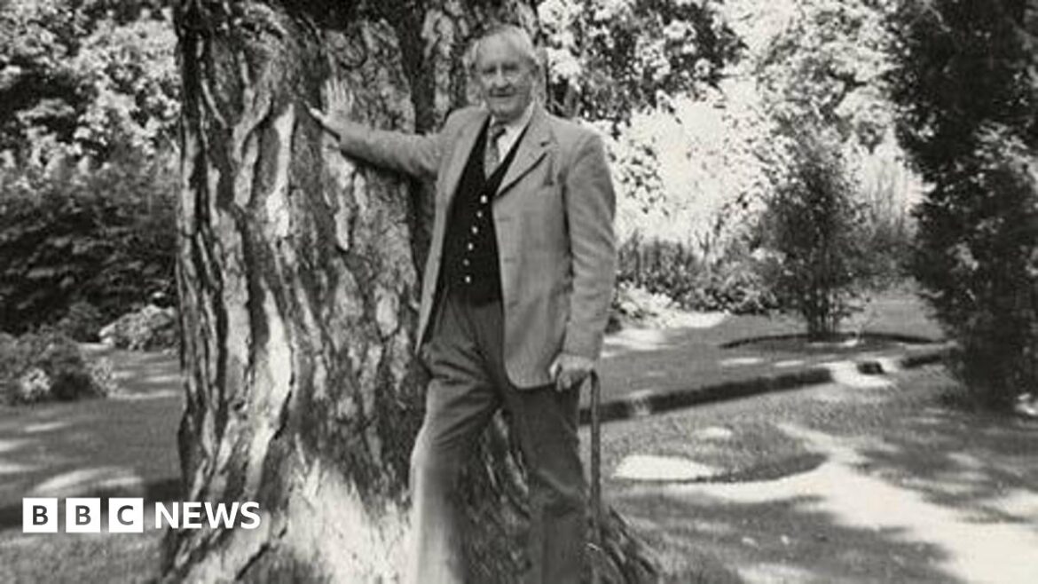 JRR Tolkien in the Oxford Botanic Garden with his right arm on the Black Pine in August 1973. The author is using a cane. The image is clak and white but it appears to have been a sunny day.